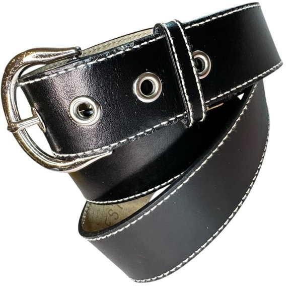 Nine West Genuine Leather Y2K Style Black Belt Contrast Stitching Grommets Large - Picture 1 of 6